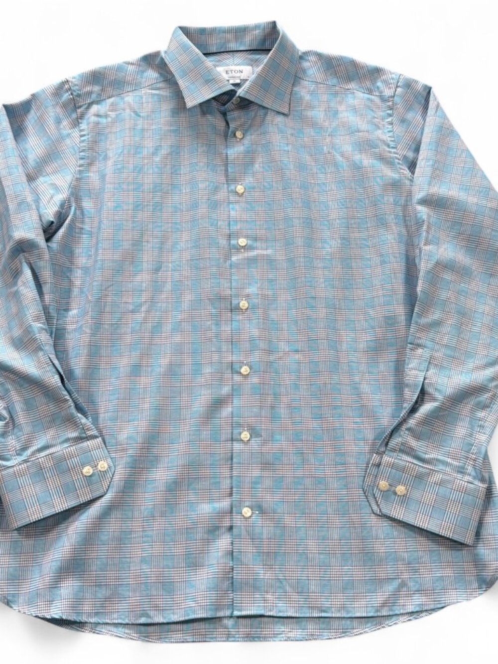 Eton Contemporary Dress Shirt Men's 18 XXL Blue White Glen Plaid Cotton Linen